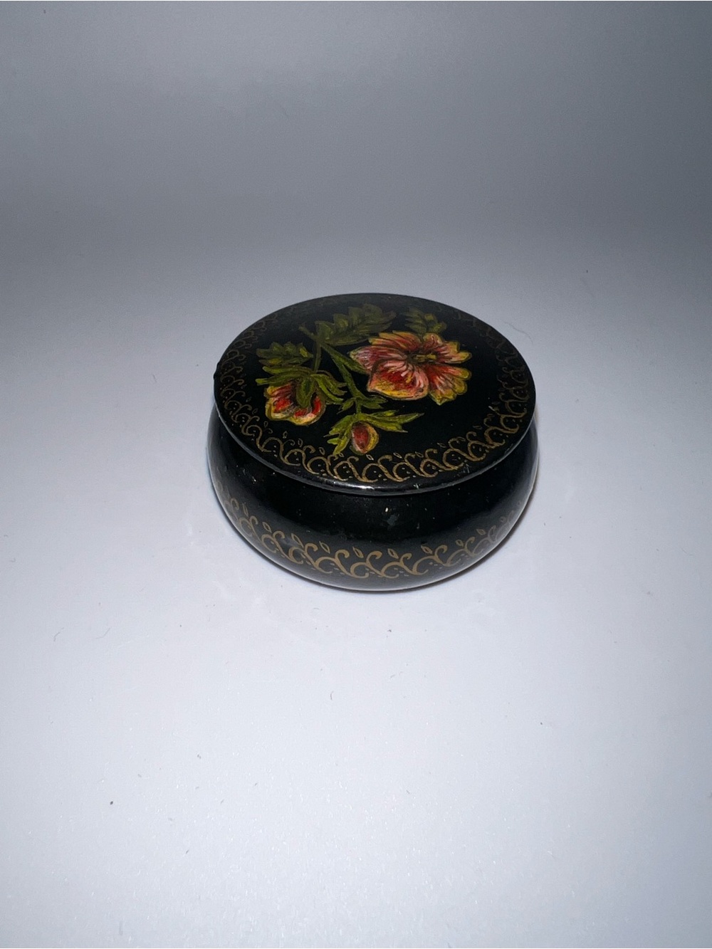 Hand-Painted Floral Lacquer Trinket Box - Black
